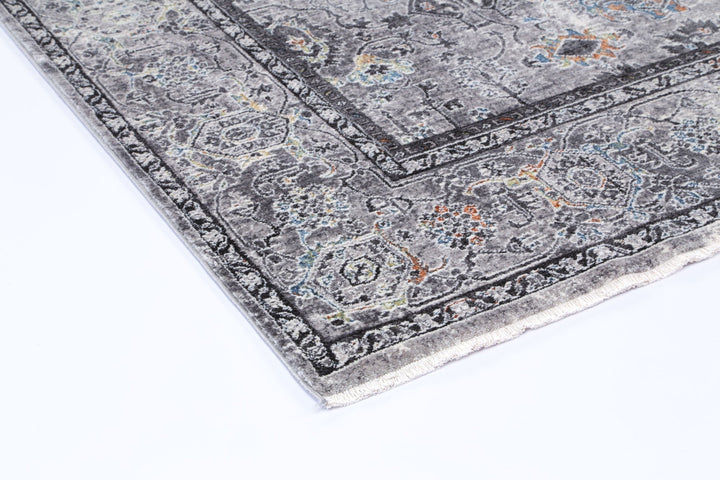 Almeras Border Floral Traditional Grey Multi Rug