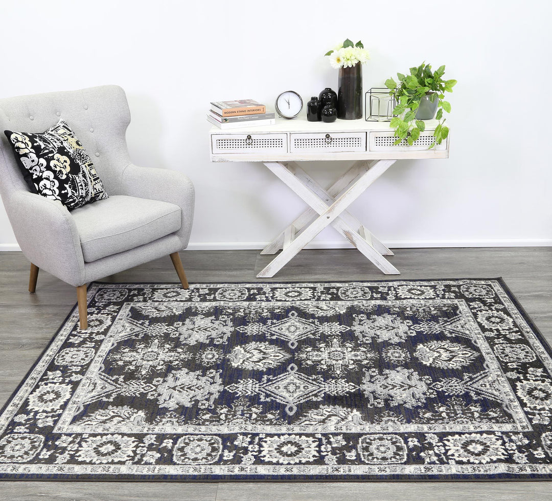 Arya Navy Blue and Grey Ziegler Traditional Ikat Rug