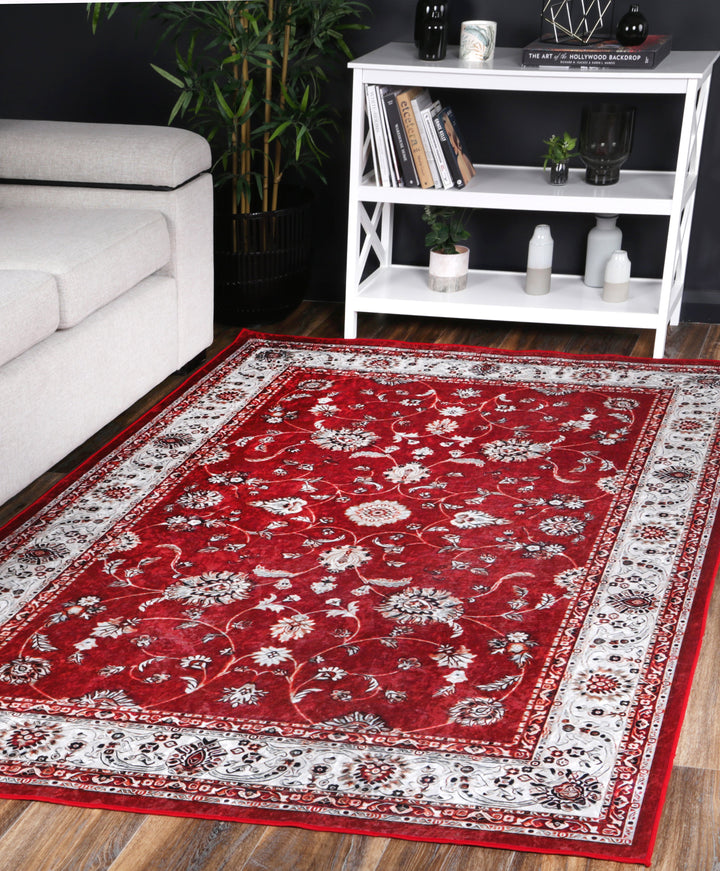 Angelic Traditional Floral Border Red Non-Slip Rug - ANGE07