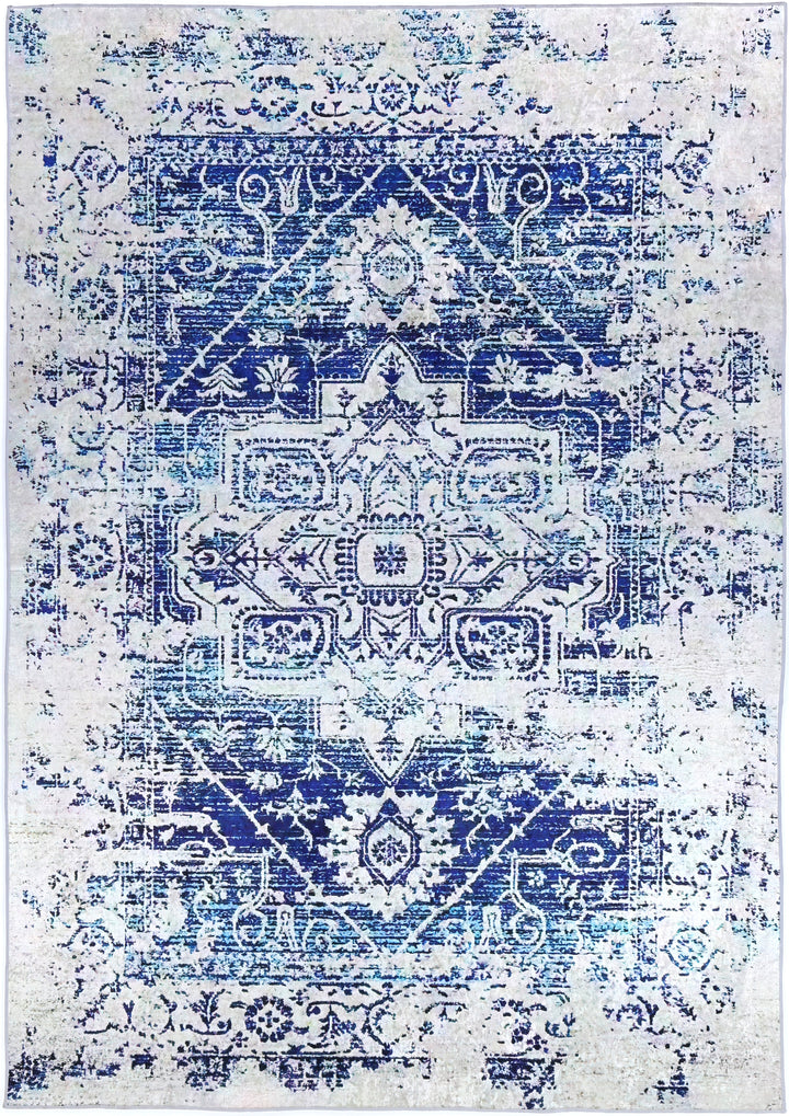 Angelic Distressed Navy White Traditional Non-Slip Rug - ANGE09