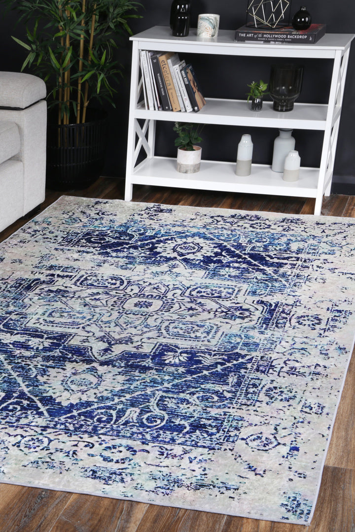 Angelic Distressed Navy White Traditional Non-Slip Rug - ANGE09