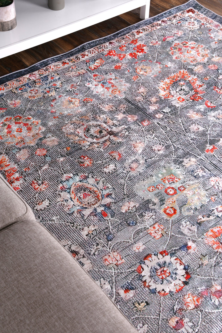 Angelic Distressed Floral Grey Multi Non-Slip Rug - ANGE12