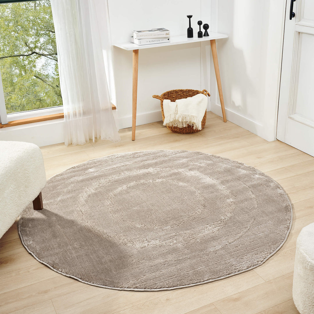 Luxe Distressed Border Beige Round Rug