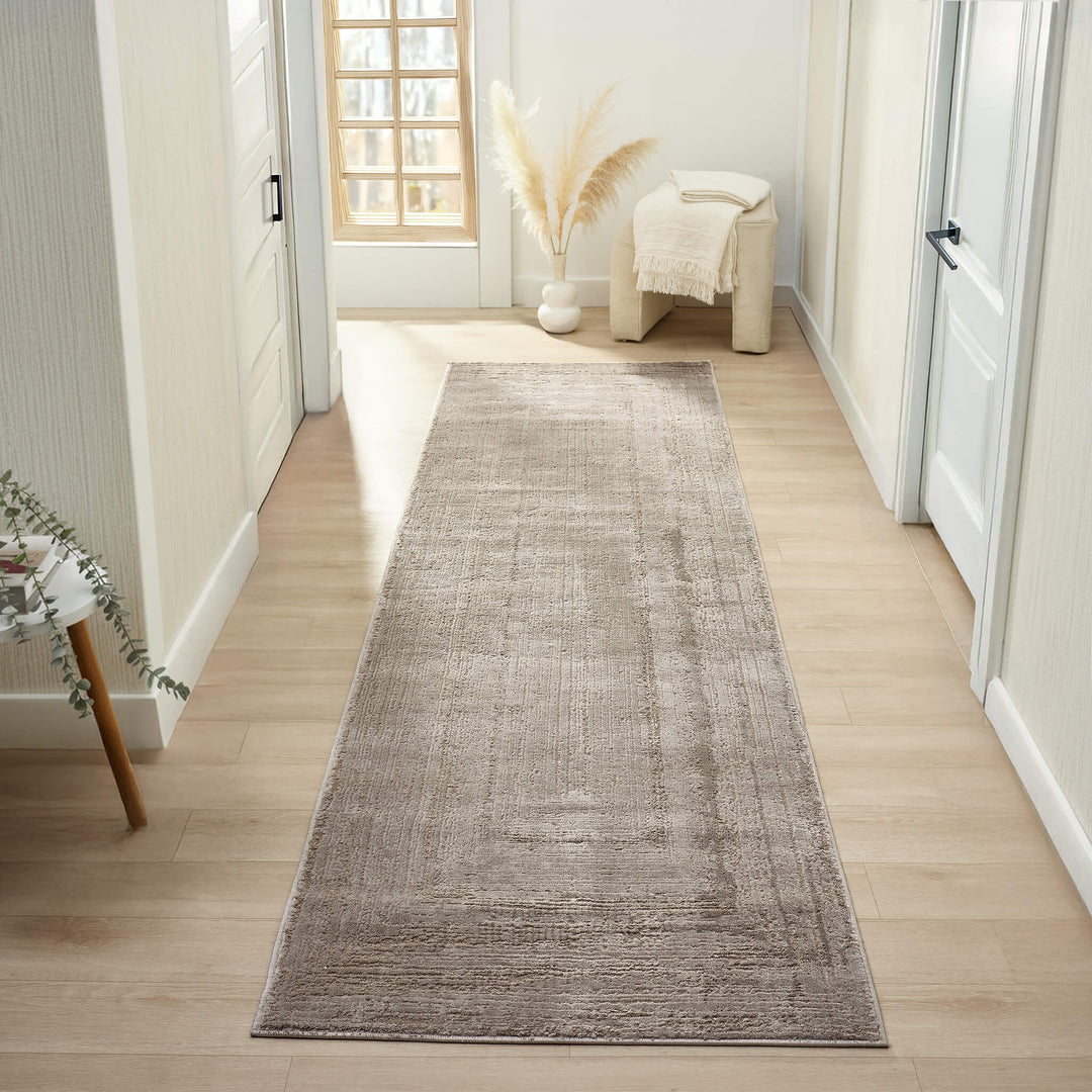 Luxe Distressed Border Beige Runner Rug