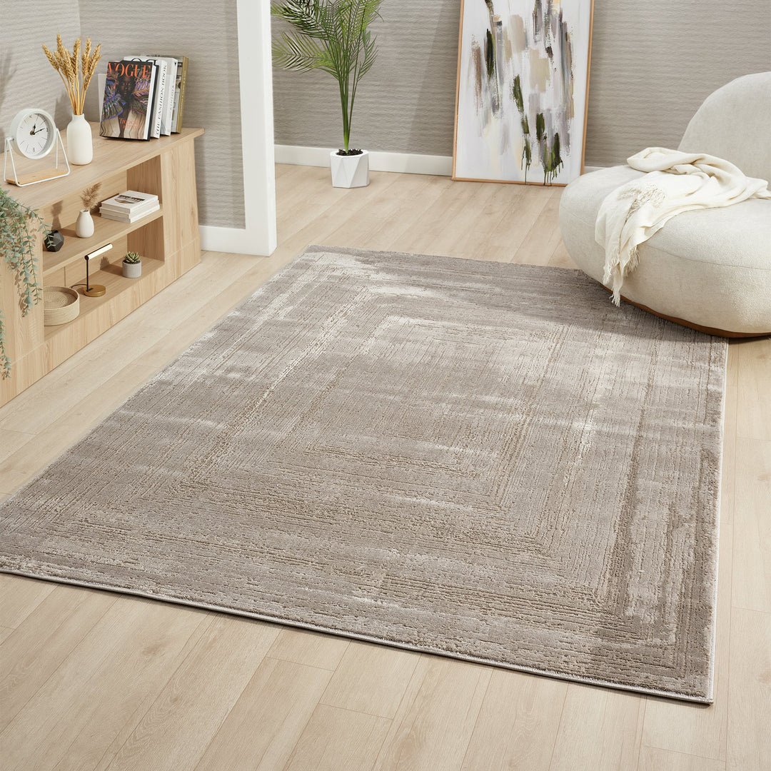 Luxe Distressed Border Beige Rug
