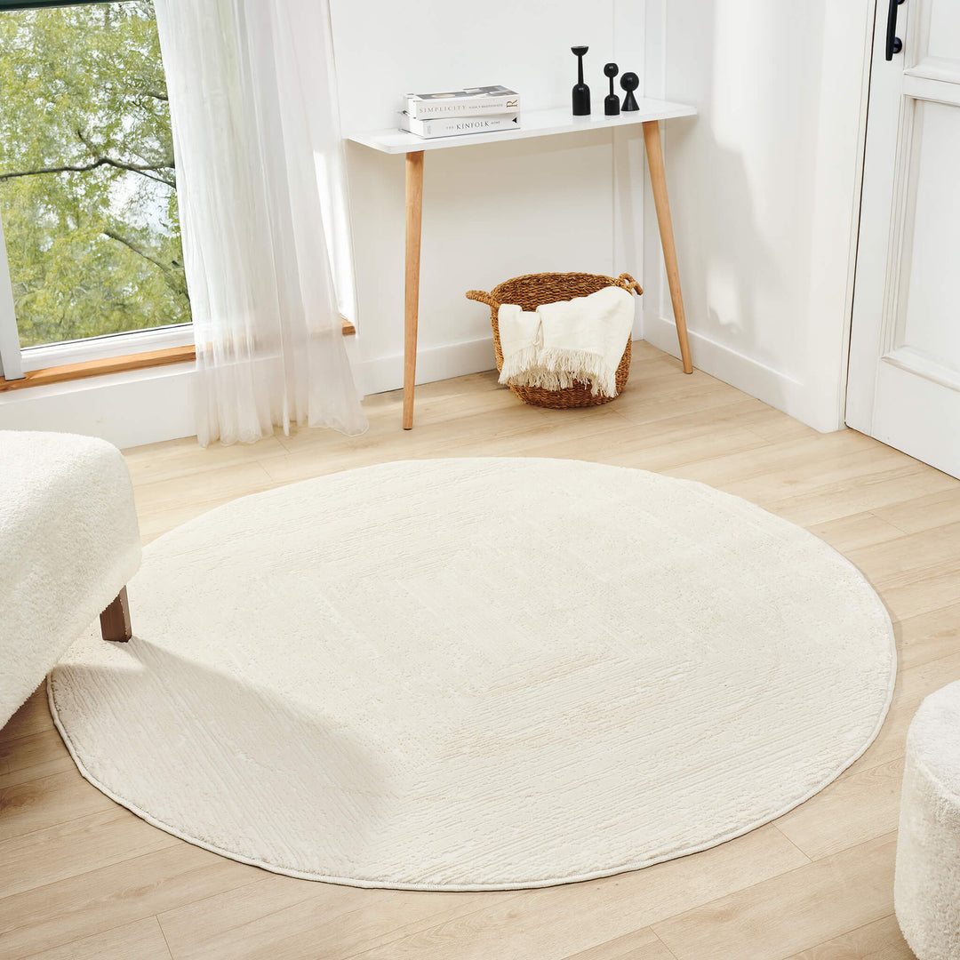 Luxe Distressed Border Warm Cream Round Rug