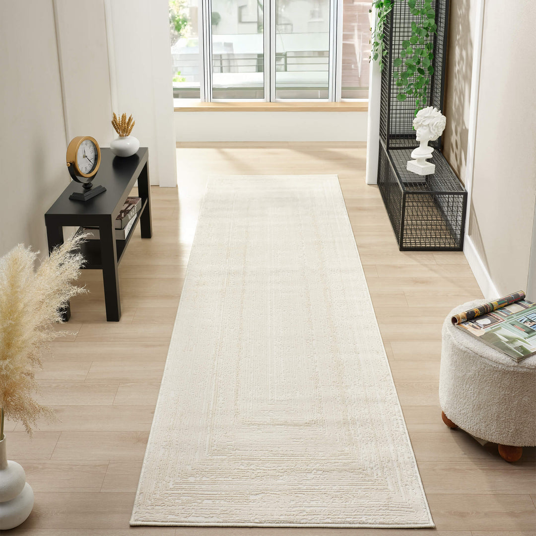 Luxe Distressed Border Warm Cream Runner Rug