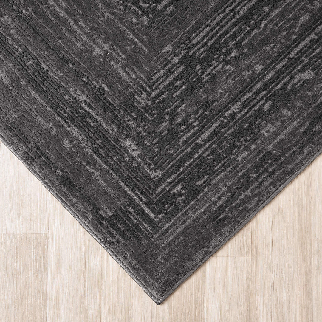 Luxe Distressed Border Dark Grey Runner Rug