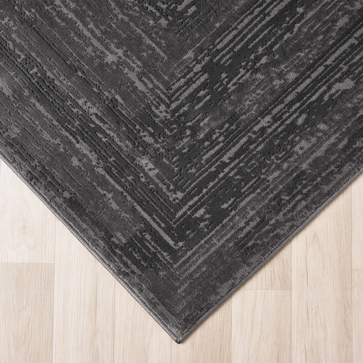 Luxe Distressed Border Dark Grey Runner Rug