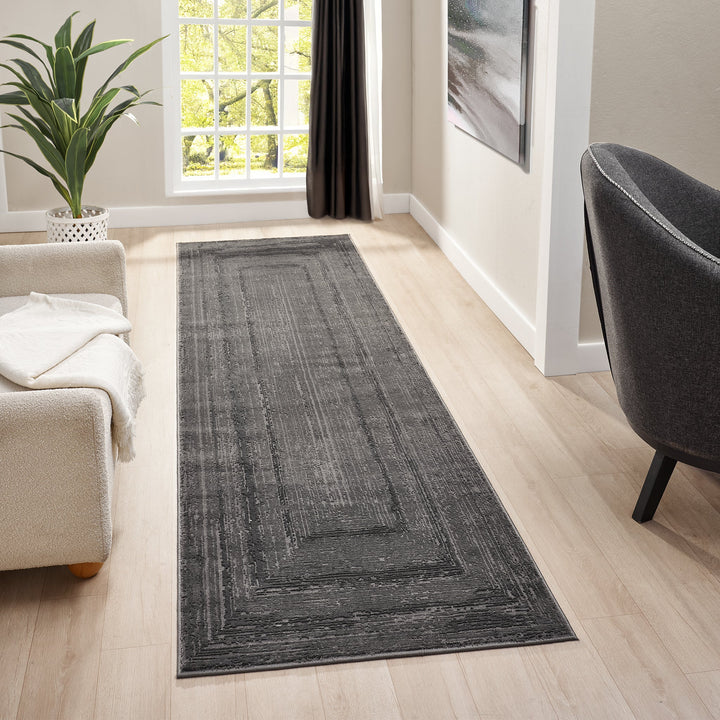 Luxe Distressed Border Dark Grey Runner Rug