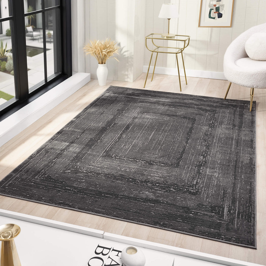 Luxe Distressed Border Dark Grey Rug