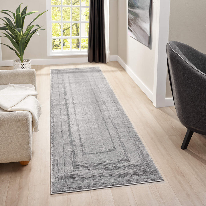 Luxe Distressed Border Grey Runner Rug
