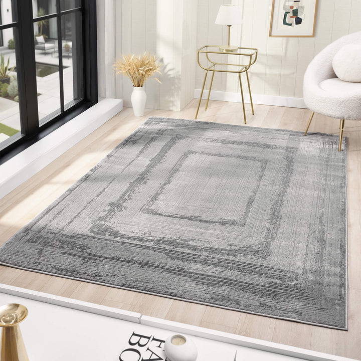 Luxe Distressed Border Grey Rug
