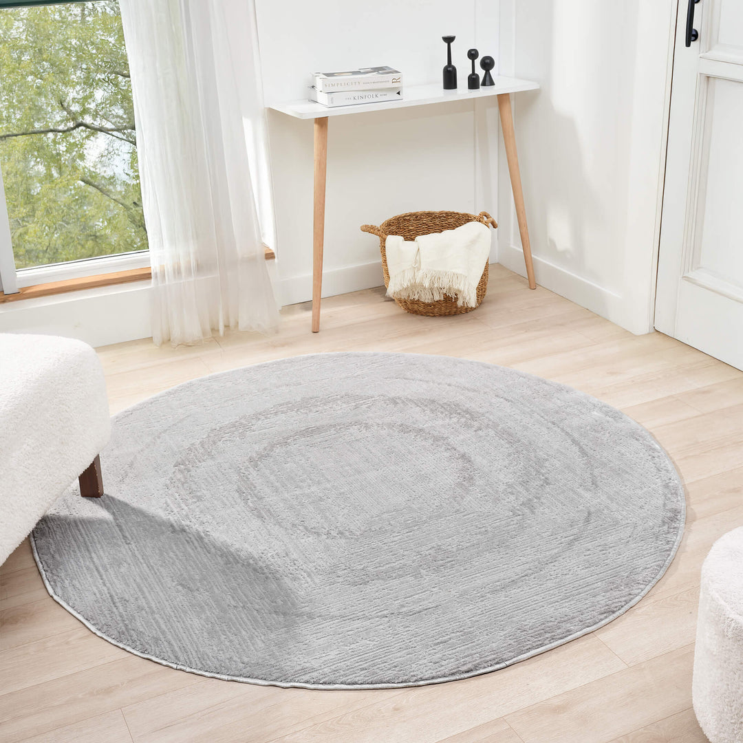 Luxe Distressed Border Light Grey Round Rug