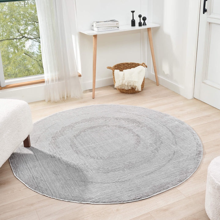 Luxe Distressed Border Light Grey Round Rug