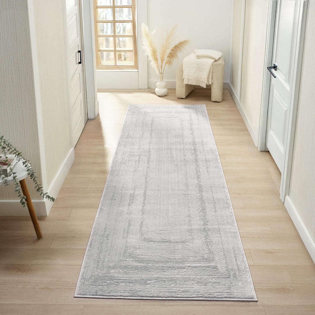 Luxe Distressed Border Light Grey Runner Rug