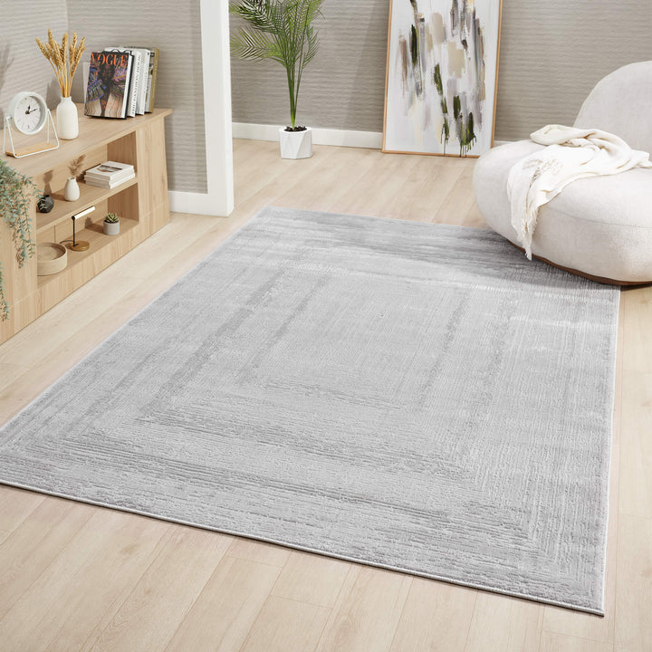 Luxe Distressed Border Light Grey Rug