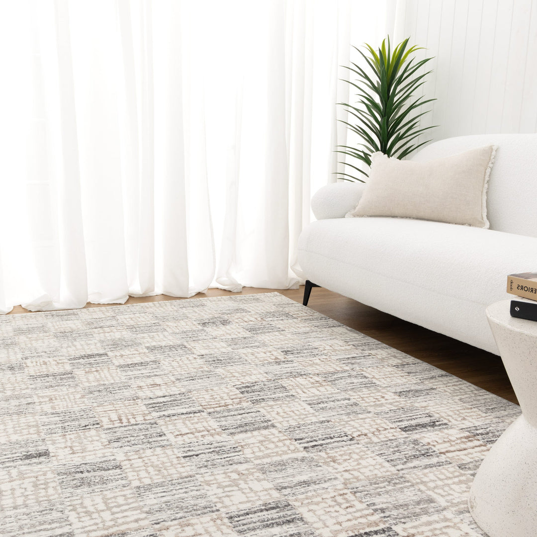 Jade Distressed Checkers Grey Beige Rug