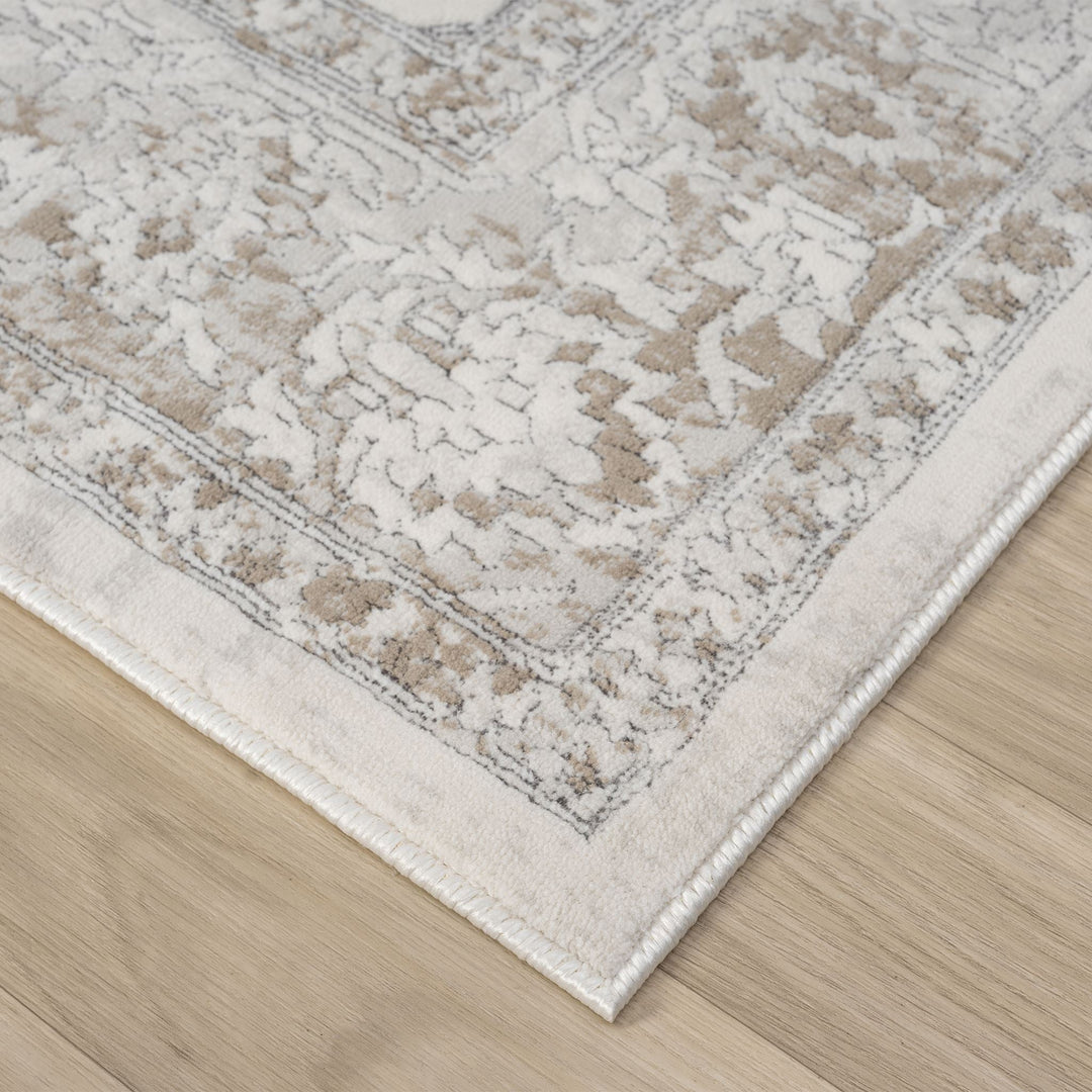 Timeless Texture Floral Border Pearl Runner Rug