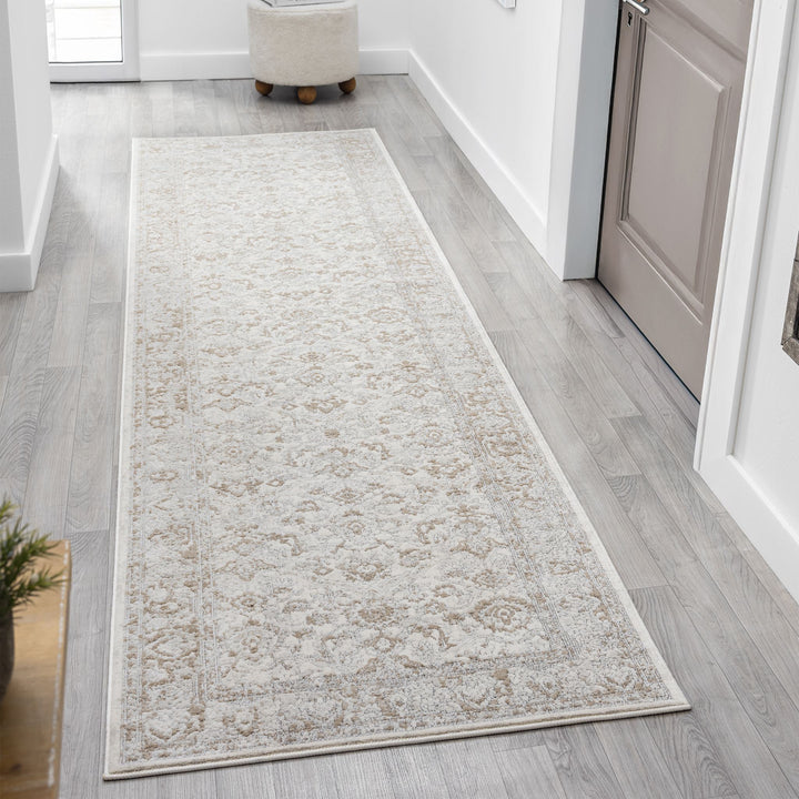 Timeless Texture Floral Border Pearl Runner Rug