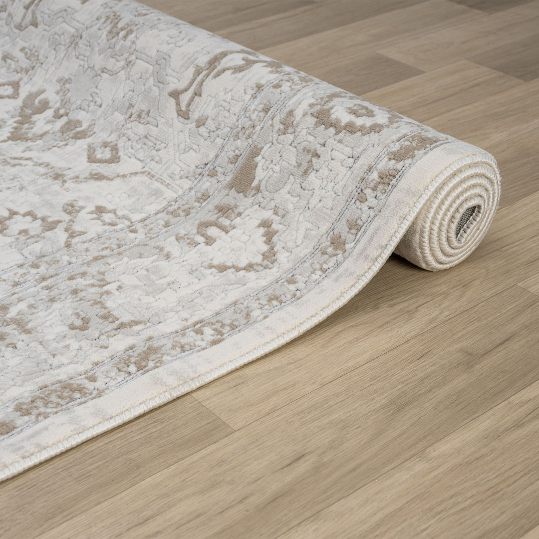 Timeless Texture Floral Border Pearl Runner Rug