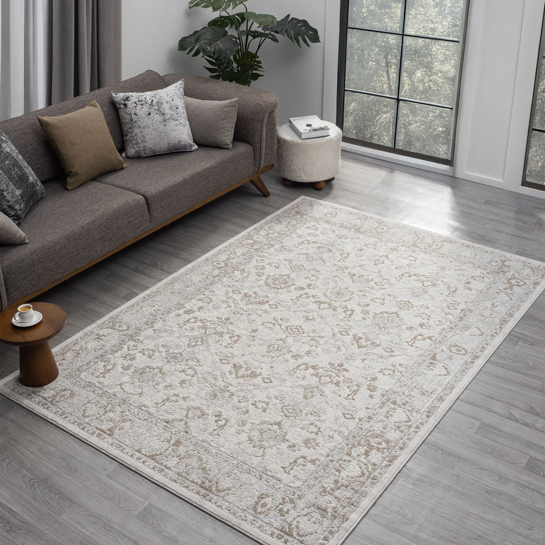 Timeless Texture Floral Border Pearl Rug