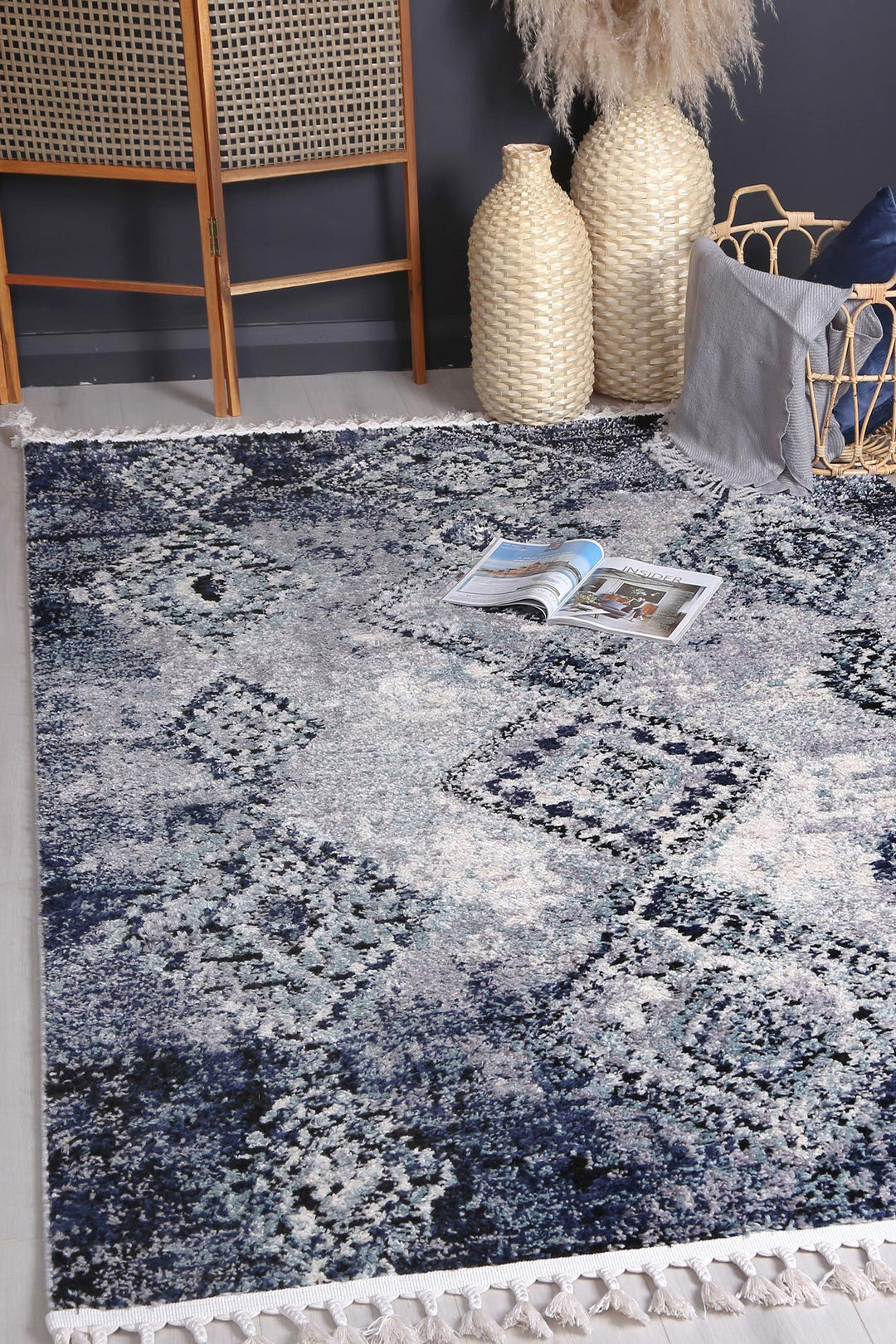 Mansour Navy Blue Diamond Abstract Rug