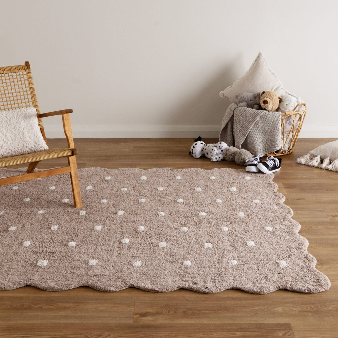 Mellow Rectangle Scalloped Kids Rug Mushroom Beige