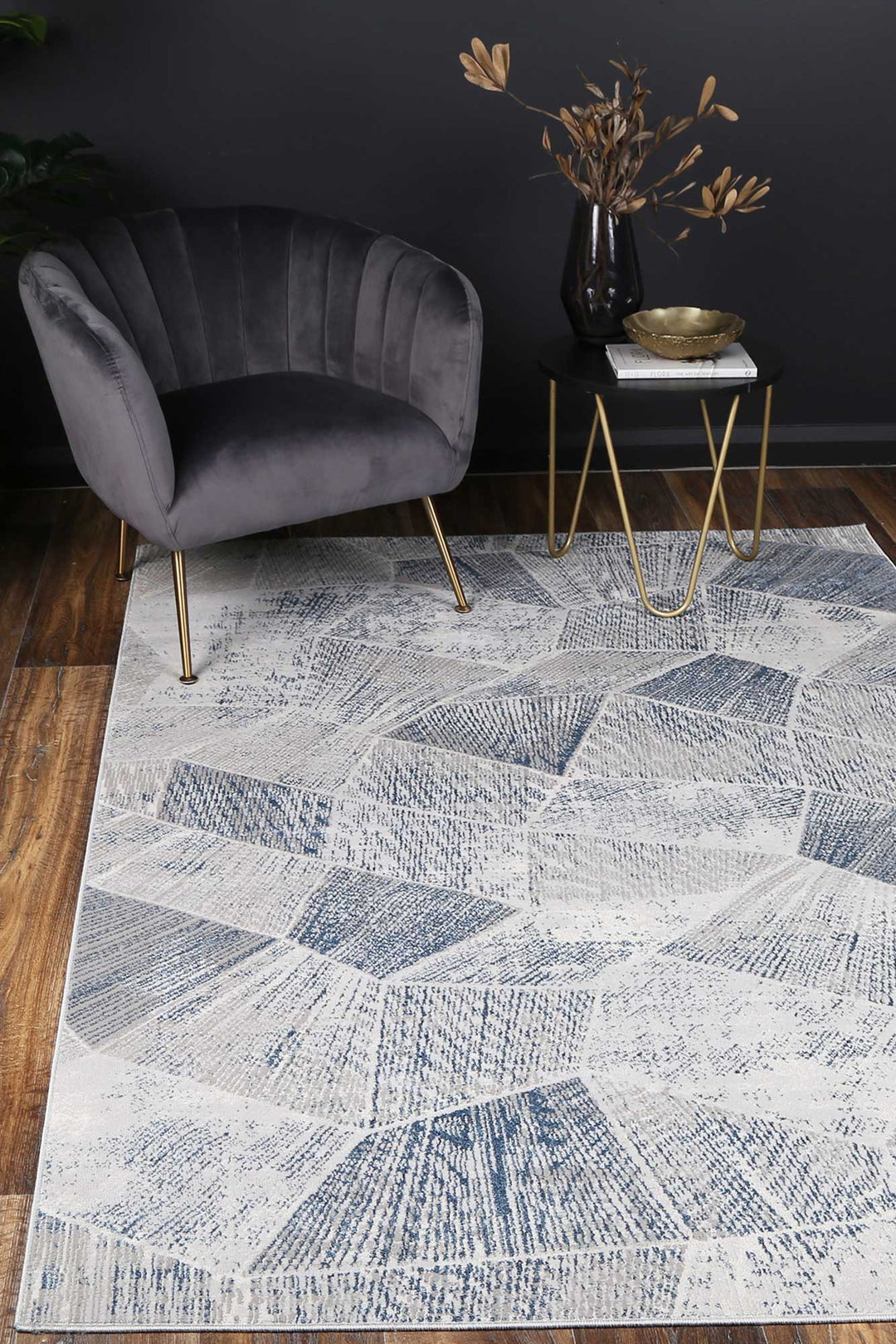 Porto Grey Blue Tiled Geometric Rug Hallway Runner