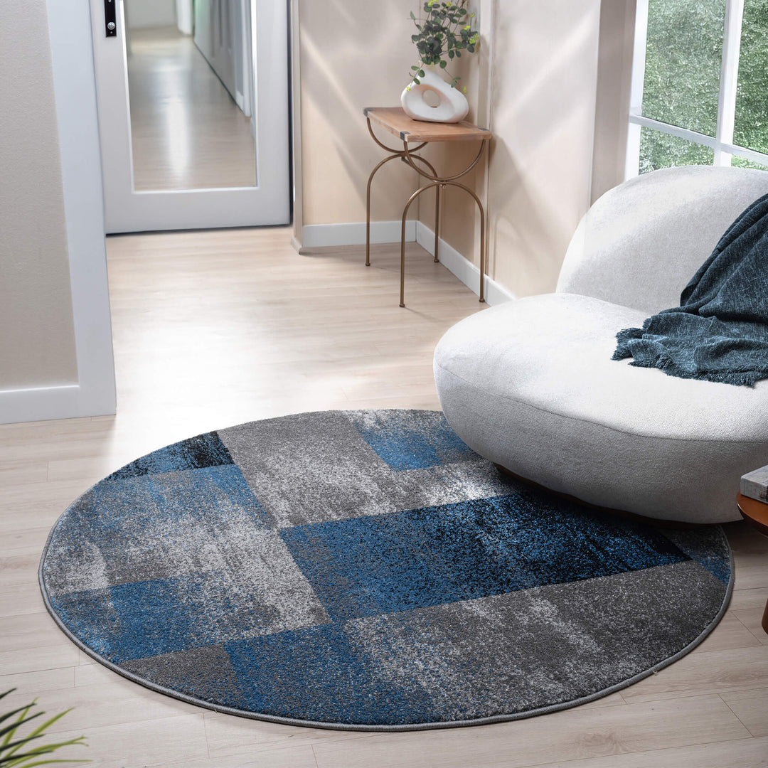 Metro Grid Block Blue Round Rug