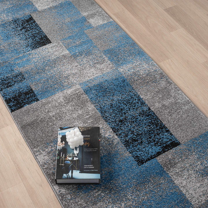 Metro Grid Block Blue Runner Rug