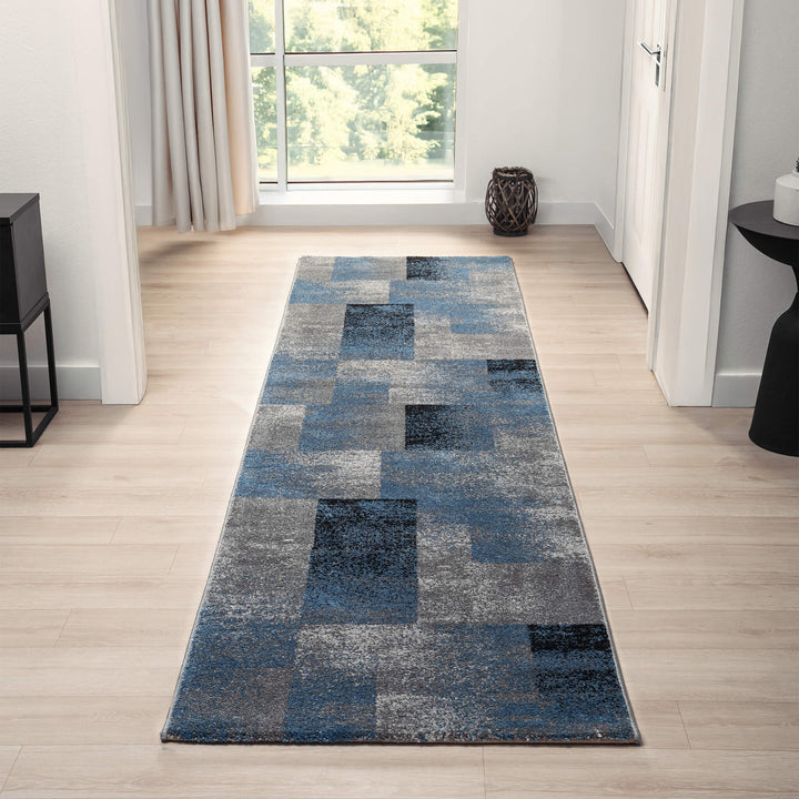Metro Grid Block Blue Runner Rug