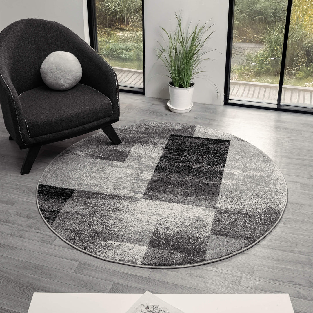 Metro Grid Block Grey Round Rug