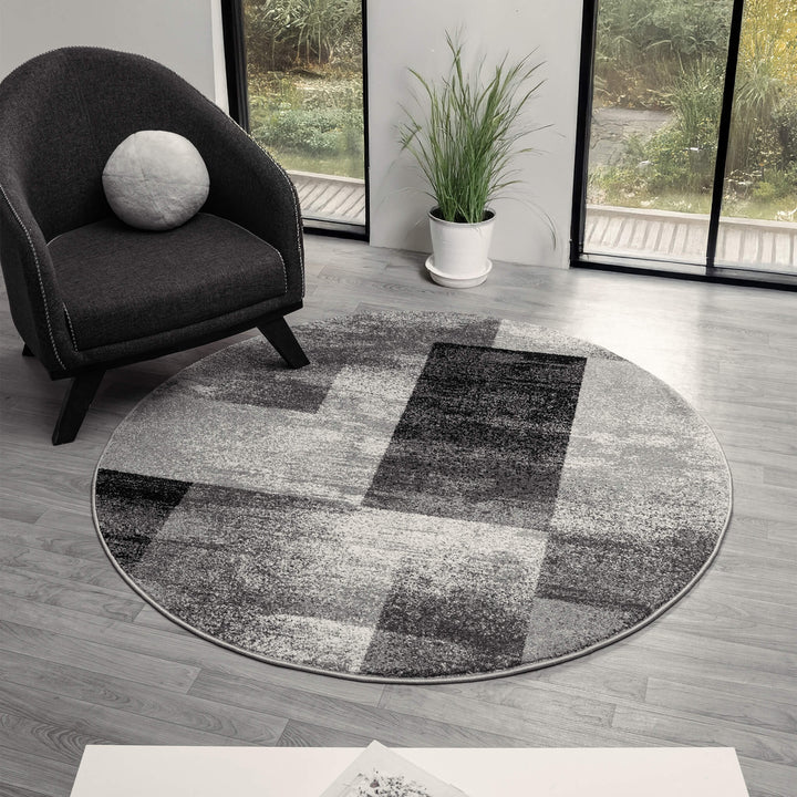 Metro Grid Block Grey Round Rug