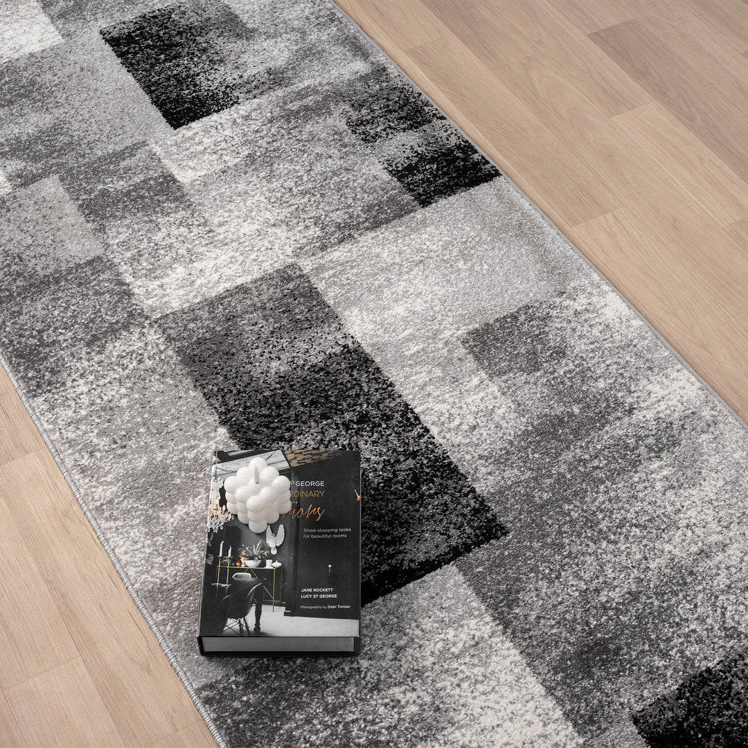 Metro Grid Block Grey Runner Rug