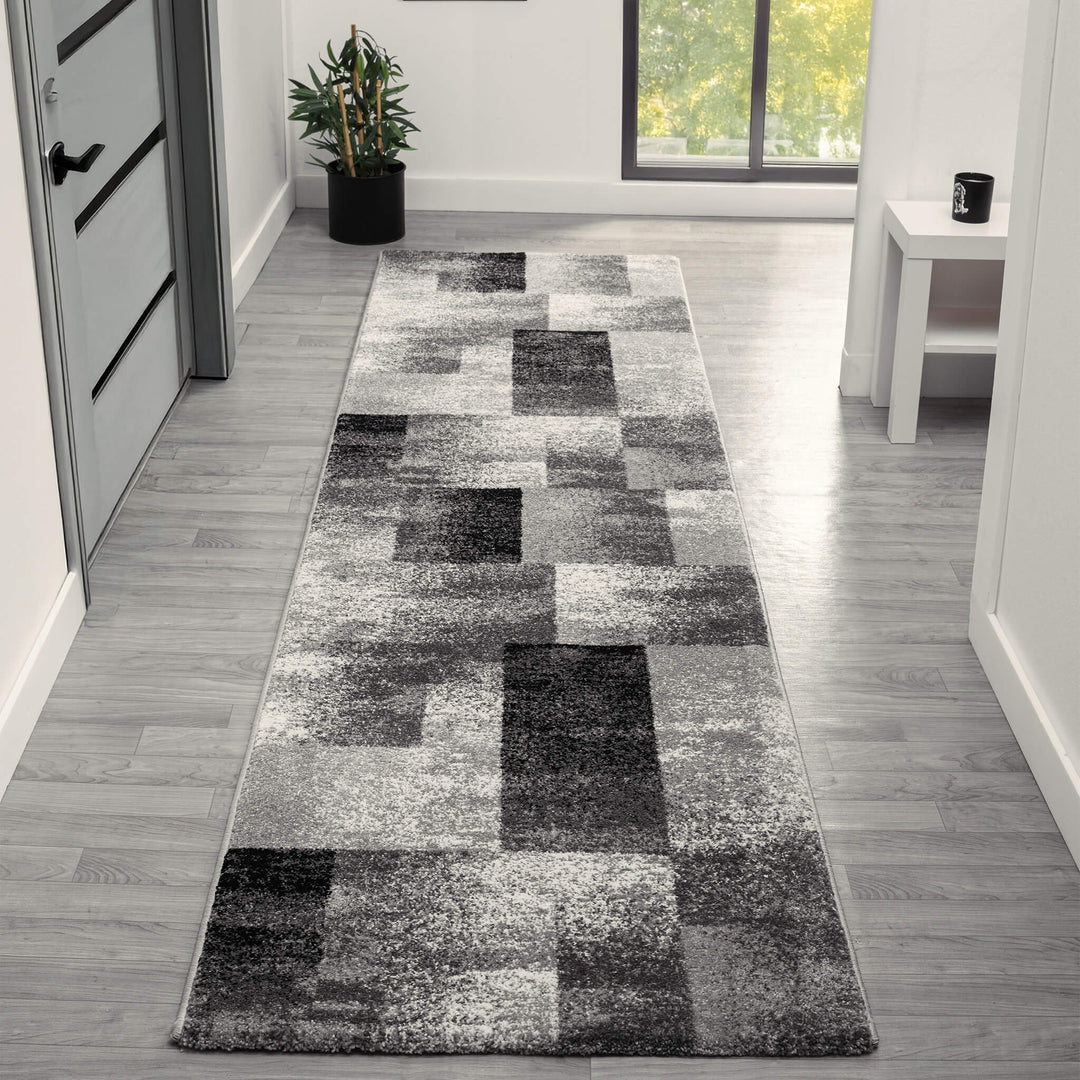 Metro Grid Block Grey Runner Rug
