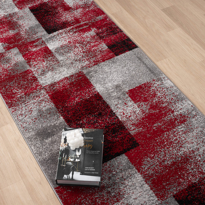 Metro Grid Block Red Runner Rug