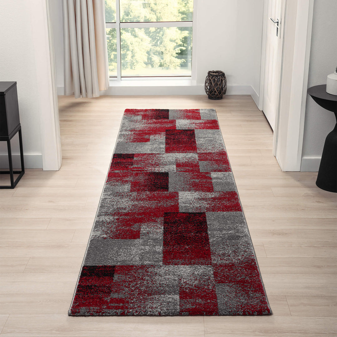 Metro Grid Block Red Runner Rug
