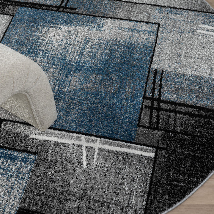 Metro Grid Linework Blue Round Rug