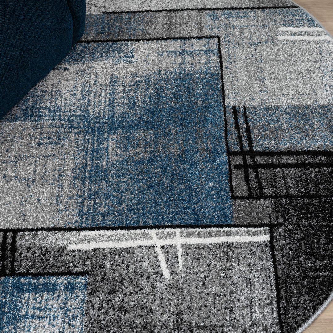 Metro Grid Linework Blue Round Rug