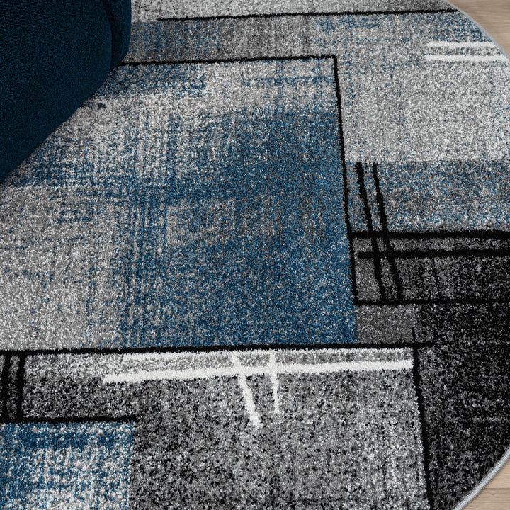 Metro Grid Linework Blue Round Rug