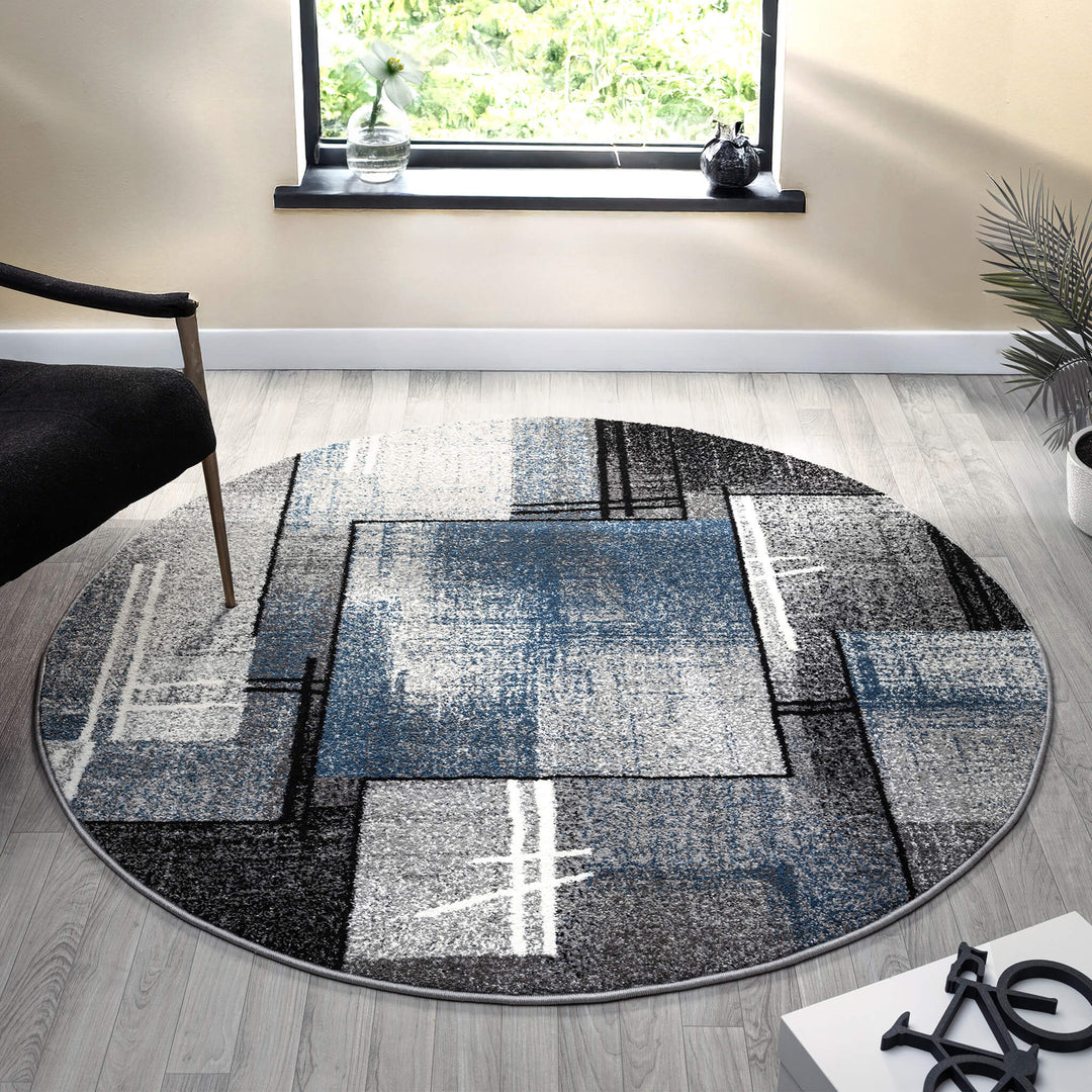 Metro Grid Linework Blue Round Rug