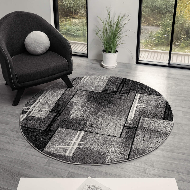 Metro Grid Linework Grey Round Rug