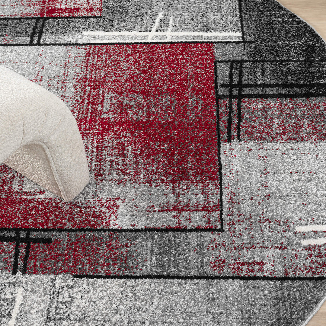 Metro Grid Linework Red Round Rug