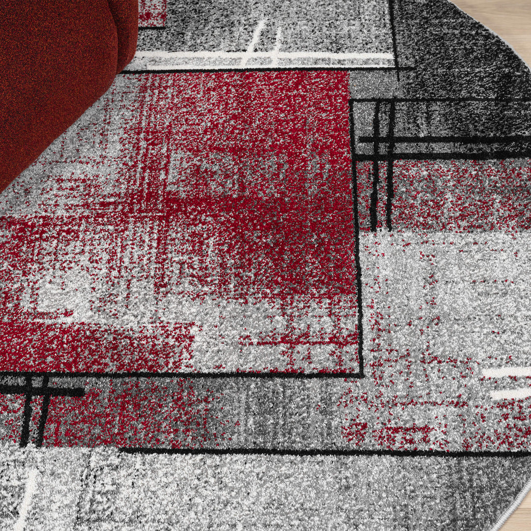 Metro Grid Linework Red Round Rug