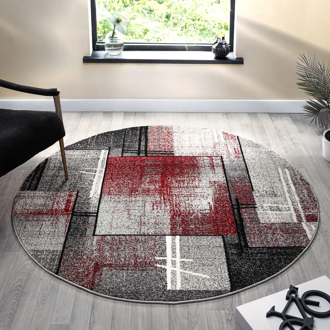 Metro Grid Linework Red Round Rug