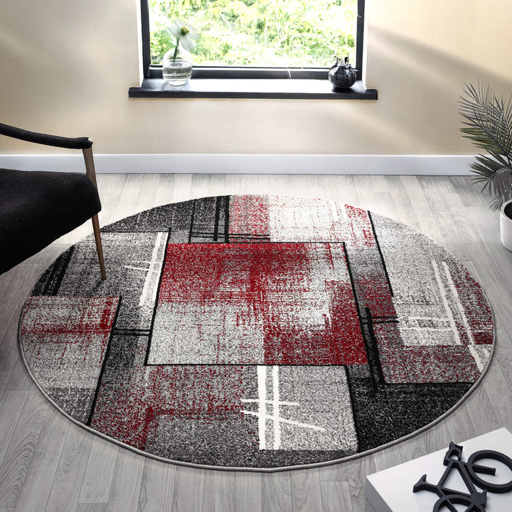 Metro Grid Linework Red Round Rug