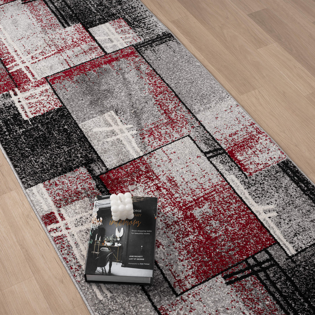 Red Rug White Line Work Metro Grid Linework Red Runner Rug – Rugs N More