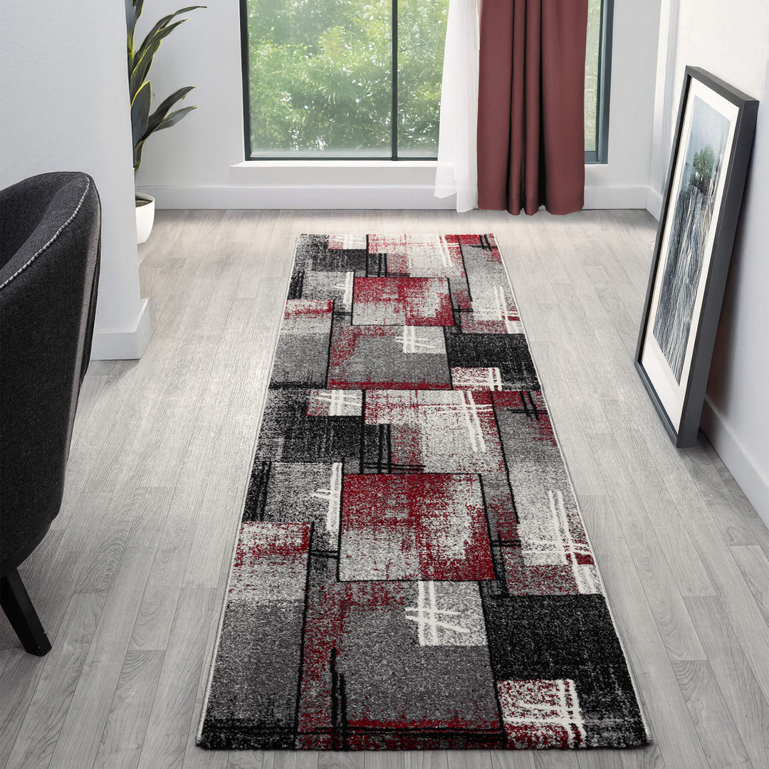 Metro Grid Linework Red Runner Rug