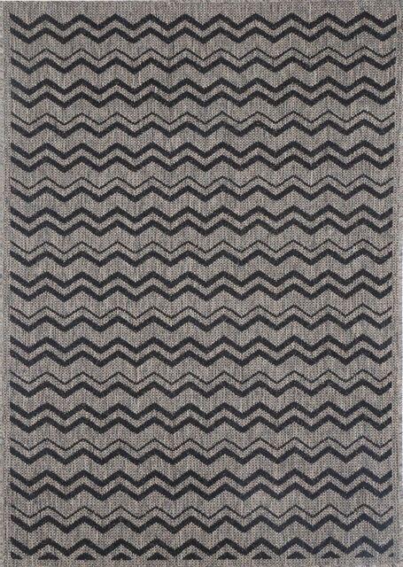 Sisalo Beige and Black Geometric Chevron Patterned Ikat Rug